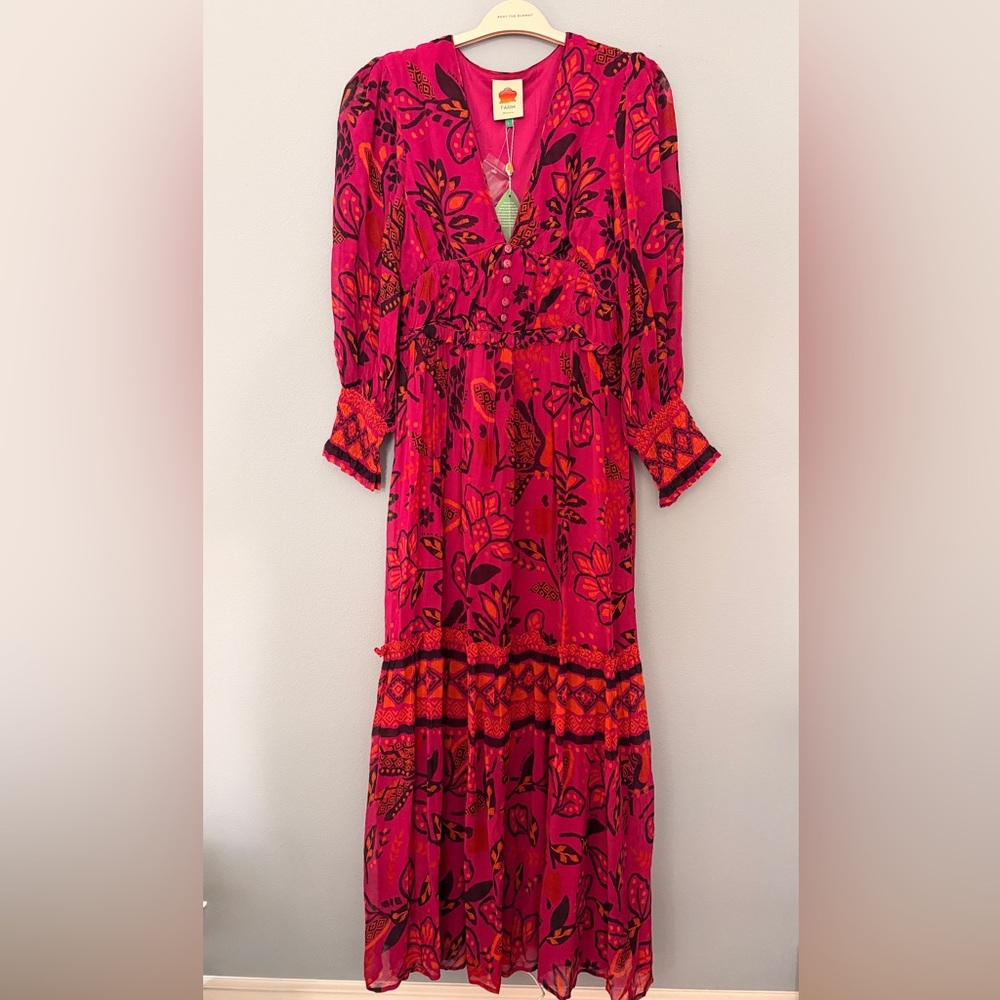 Farm Rio Macaw Forest Pink and Orange Maxi Dress